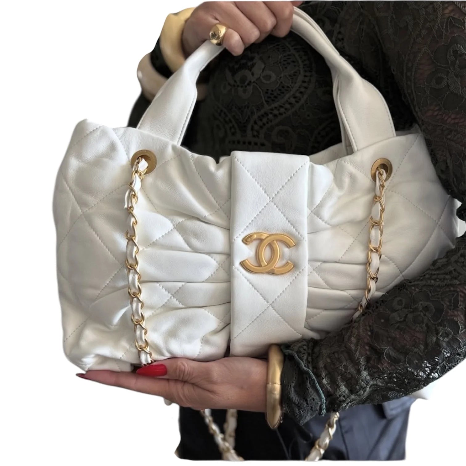 Chanel - Quilted Bow Top Handle Bag with Chain Strap