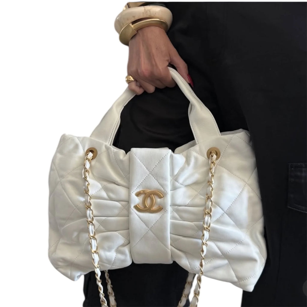 Chanel - Quilted Bow Top Handle Bag with Chain Strap