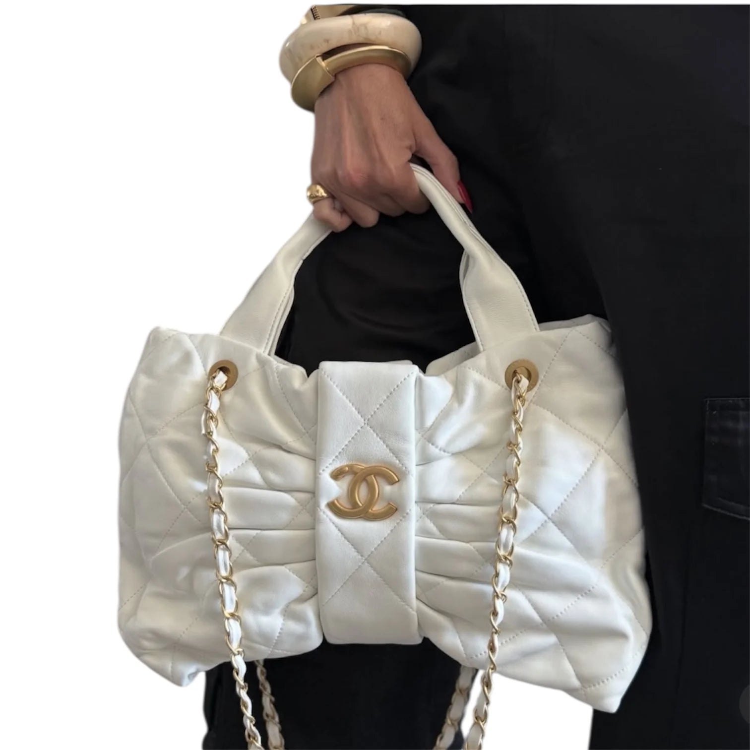 Chanel - Quilted Bow Top Handle Bag with Chain Strap