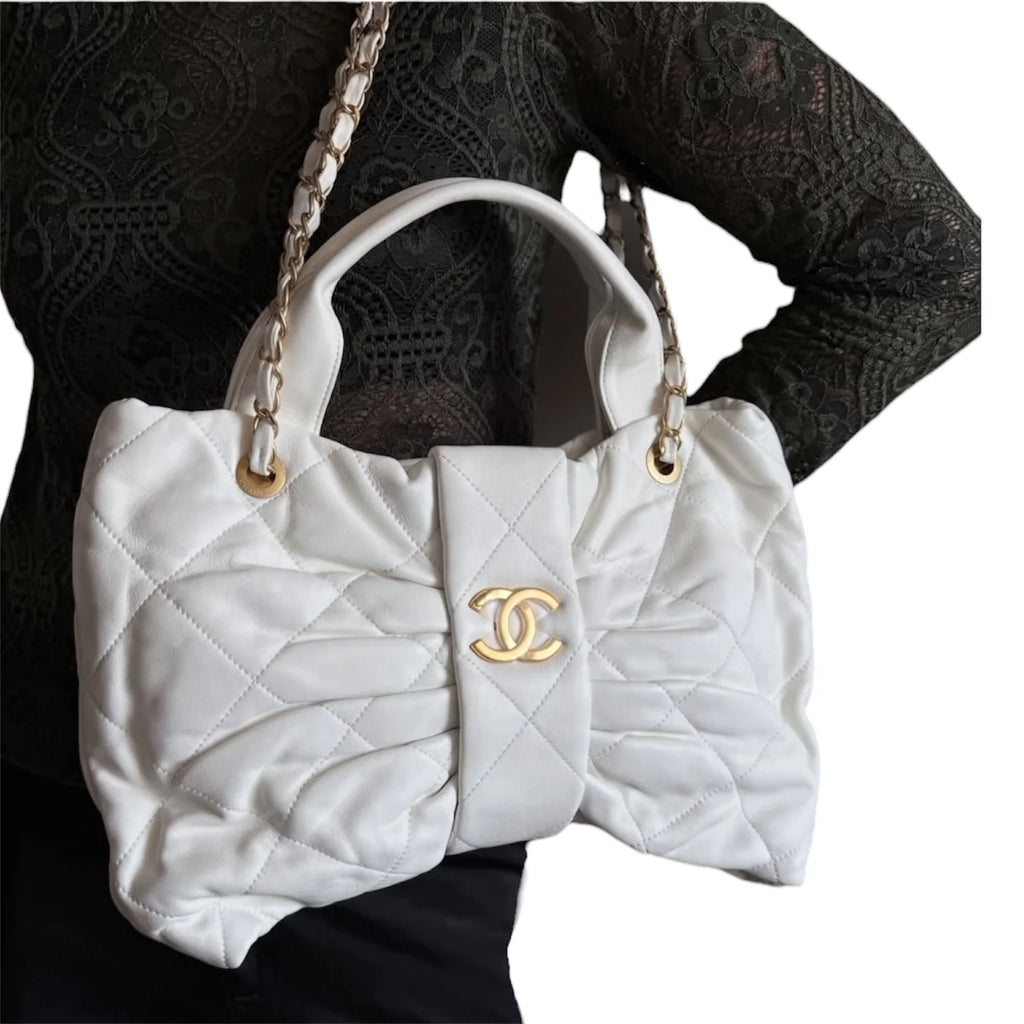 Chanel - Quilted Bow Top Handle Bag with Chain Strap