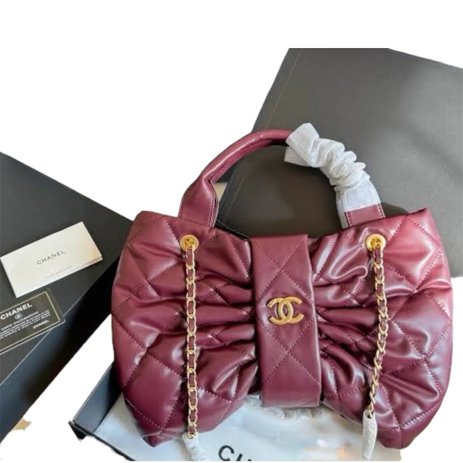 Chanel - Quilted Bow Top Handle Bag with Chain Strap