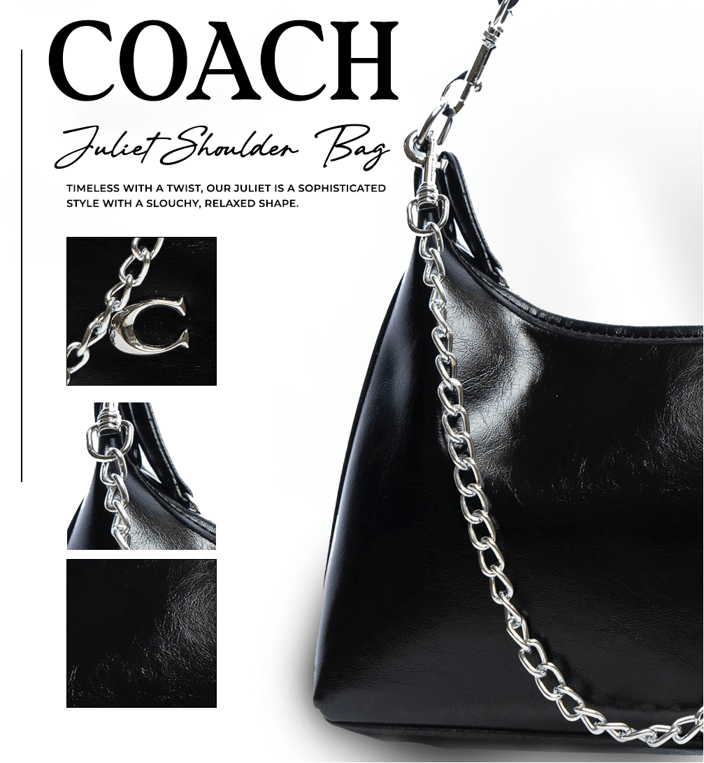 Black shoulder bag with chain detail on a white background, featuring Coach branding.