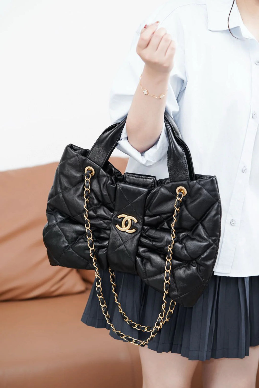 Chanel - Quilted Bow Top Handle Bag with Chain Strap