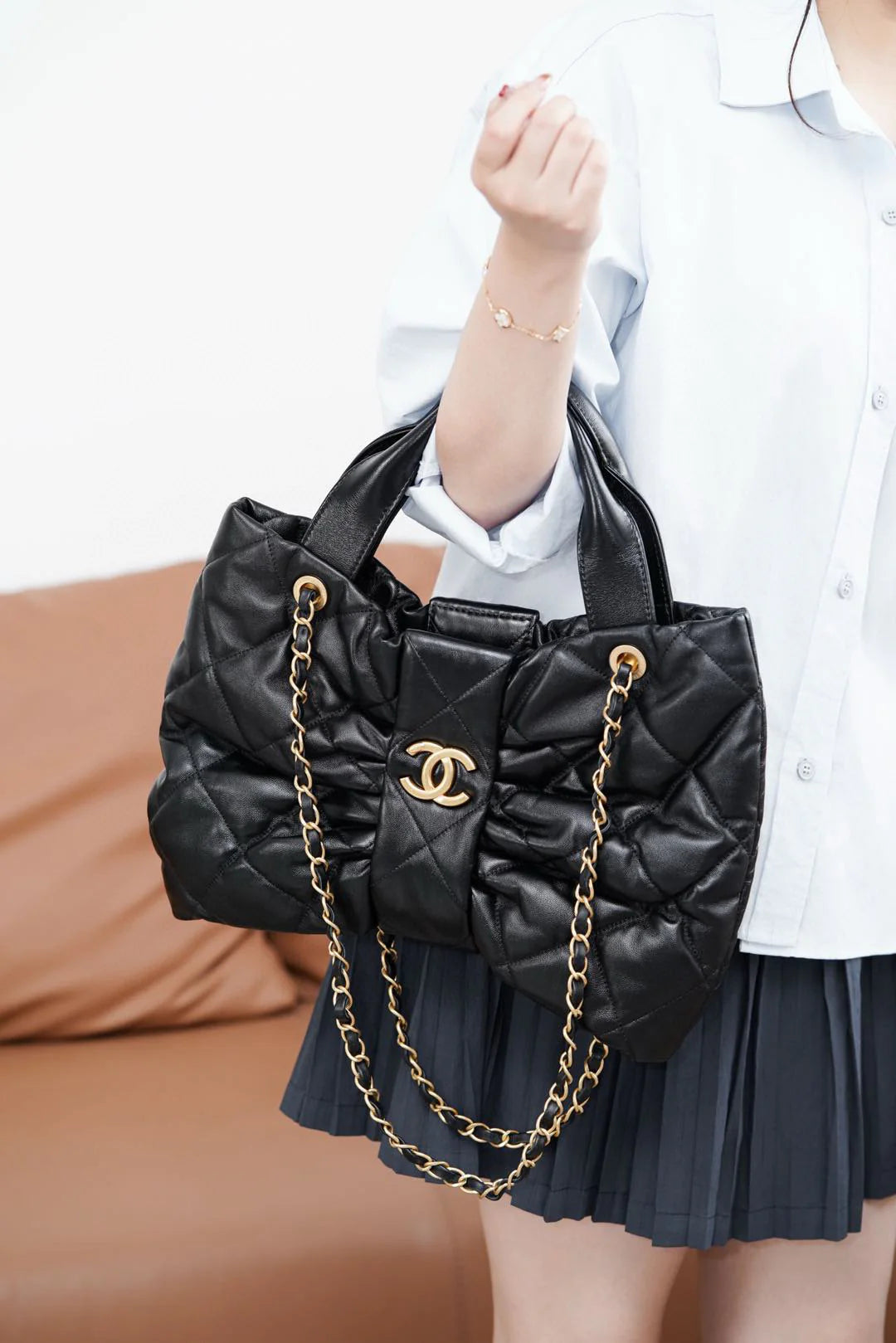 Chanel - Quilted Bow Top Handle Bag with Chain Strap