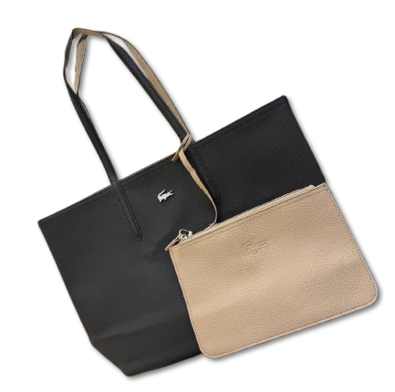 Black tote bag and beige pouch with a brand logo on a white background