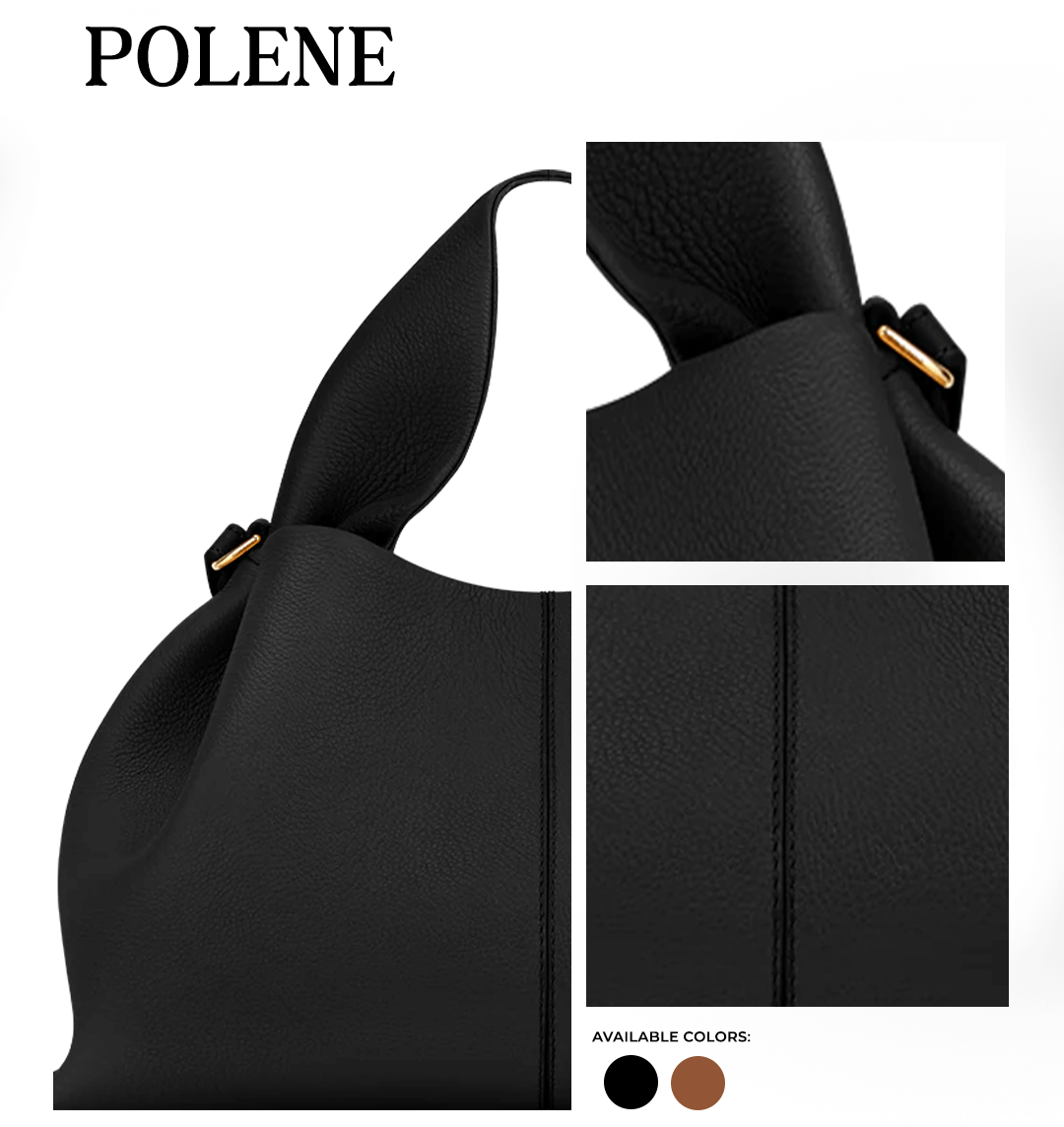 Black handbag with gold accents by Polene, showing different angles on a white background.