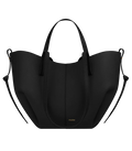 Black handbag with white accents on a white background